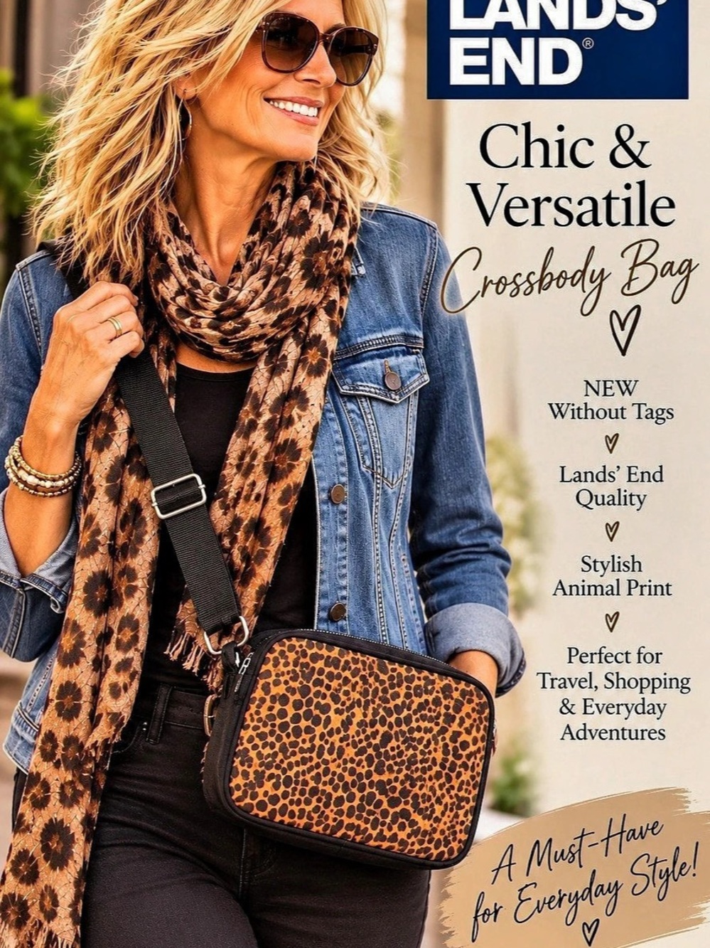 Lands' End Crossbody Bag Animal Print Brown & Black NWOT23